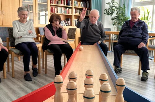 Mehrere ältere Menschen sitzen in einem Raum mit Bücherregal und Vorhängen und spielen Kegeln auf einer Holzbahn