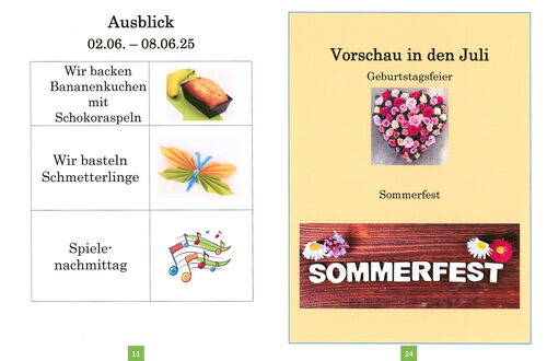 Kalenderübersicht mit Aktivitäten von 2. bis 8. Juni 2025, begleitet von Bildern eines Bananenkuchens, eines Schmetterlings, und Musiknote.. Und Vorschau auf Juli mit Geburtstagsfeier und Sommerfest.