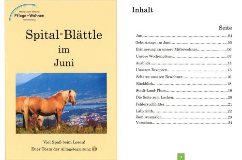 Titelseite und Inhaltsverzeichnis einer Broschüre mit Pferdefoto und Themenübersicht für Juni