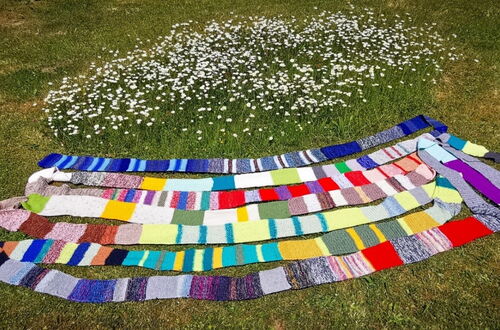 Langer, bunter gestrickter Schal liegt auf einer Wiese mit kleinen weißen Blüten