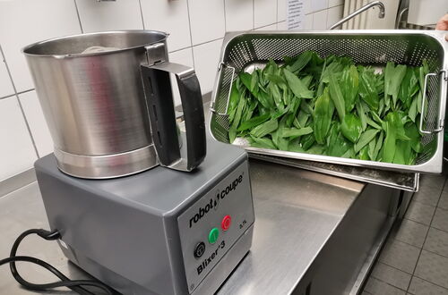 Küchenmaschine mit Aufsatz neben einem Sieb mit frischem Bärlauch auf Edelstahlarbeitsfläche in einer Fliesenküche